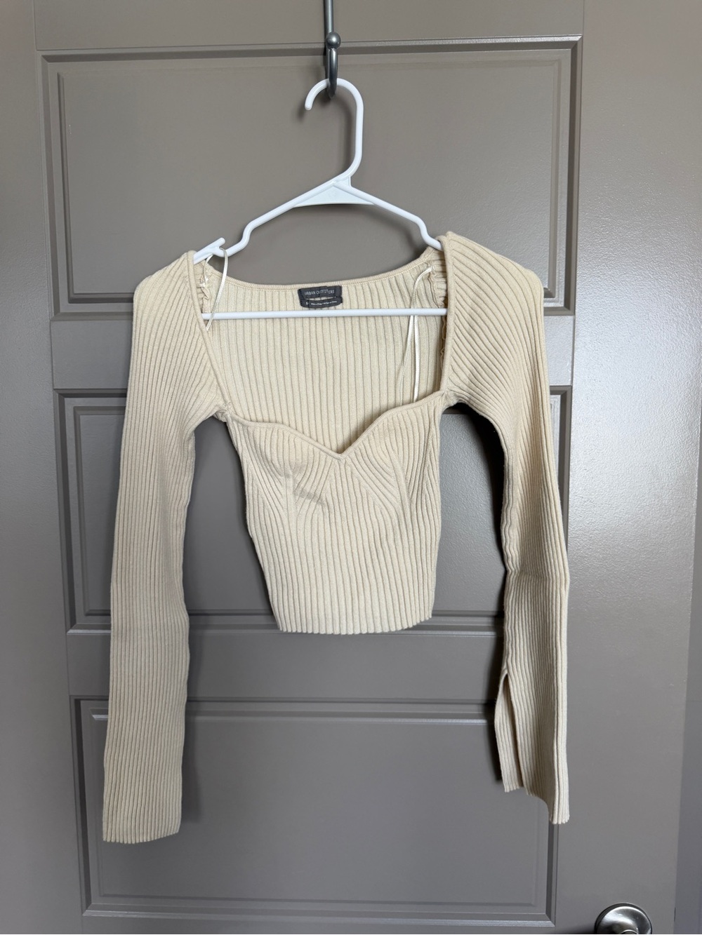 Urban Outfitters Beige Ribbed Sweetheart Long-Sleeve Crop Top